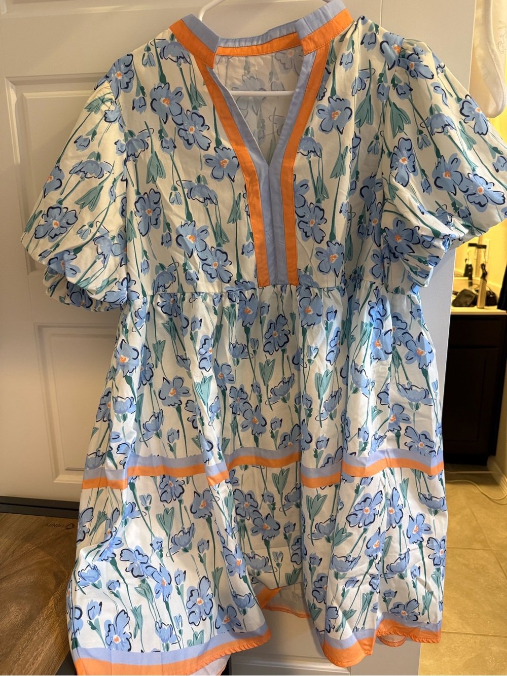 Girls' Blue Floral Puff-Sleeve Dress with Orange Trim